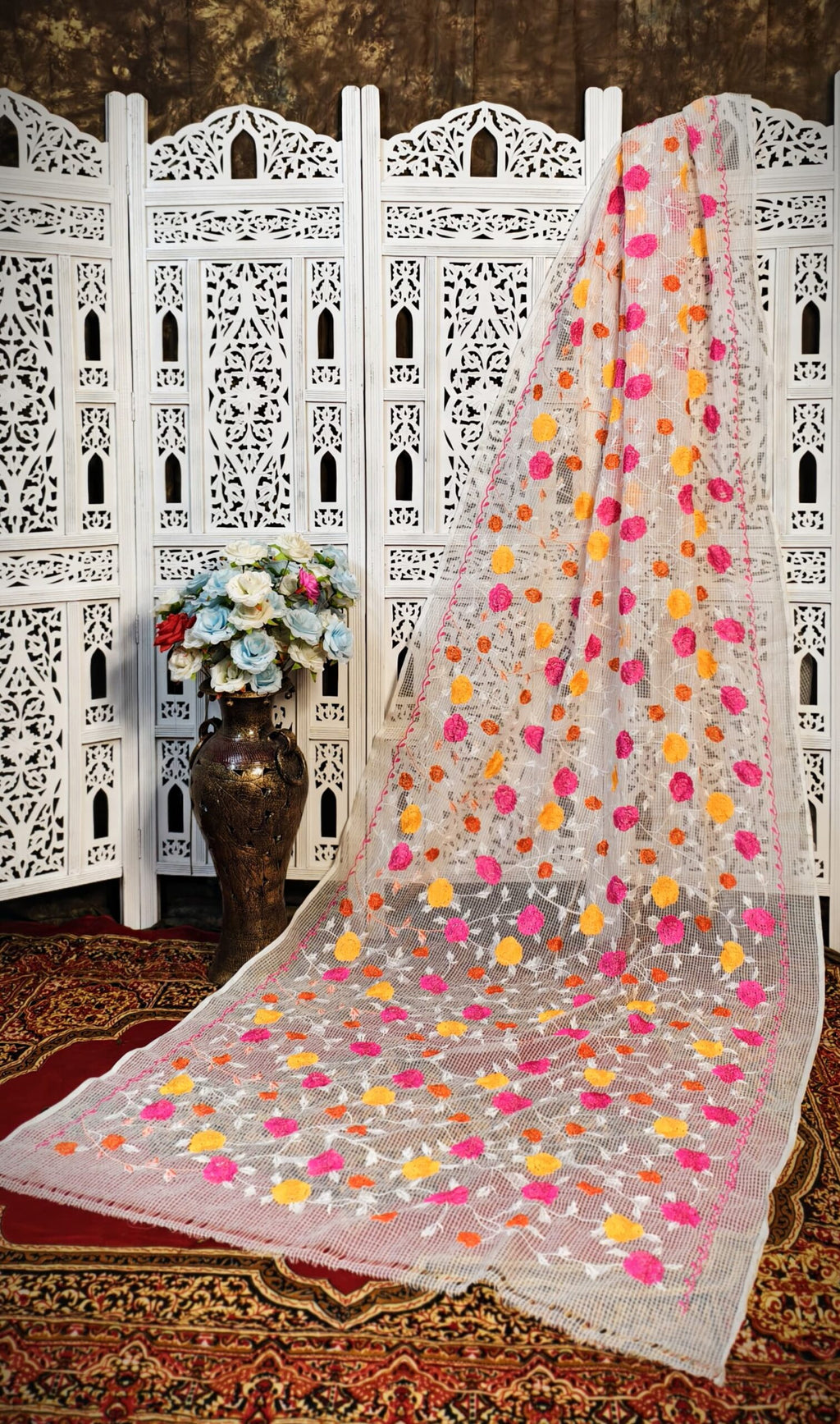 White Resham Kota Silk Saree with Hand Embroidered Vibrant Floral Design – No Blouse Piece