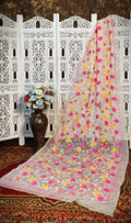 White Resham Kota Silk Saree with Hand Embroidered Vibrant Floral Design – No Blouse Piece
