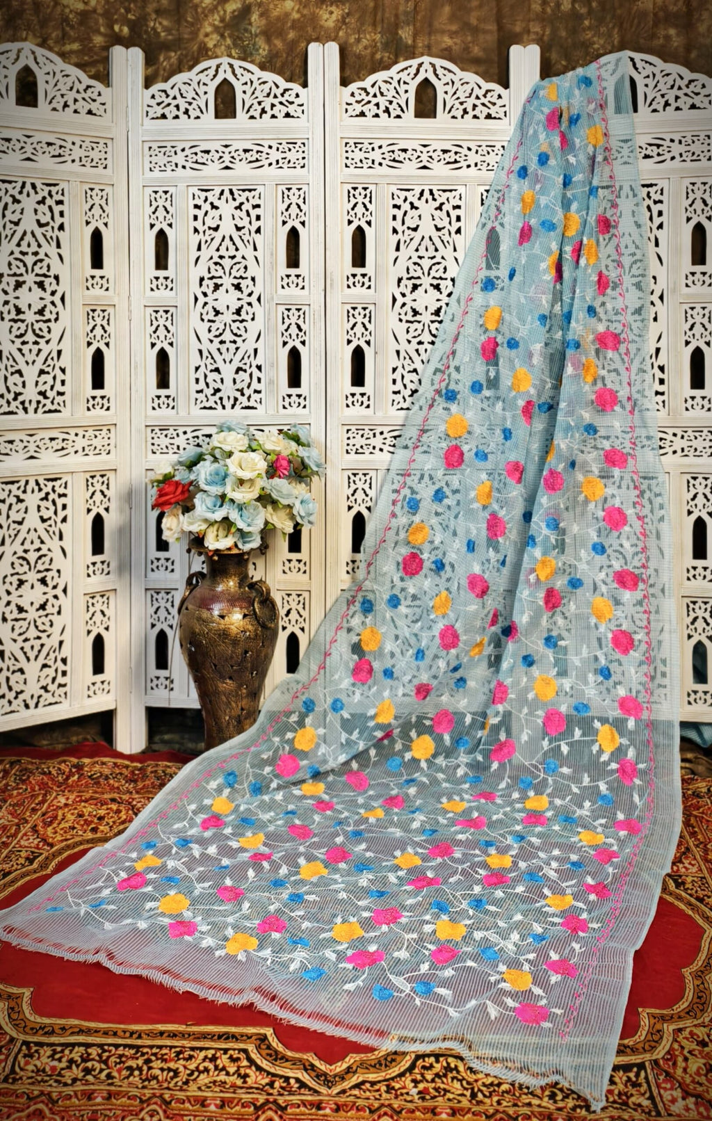 Sky Blue Resham Kota Silk Saree with Handcrafted Multicolor Floral Embroidery – No Blouse Piece