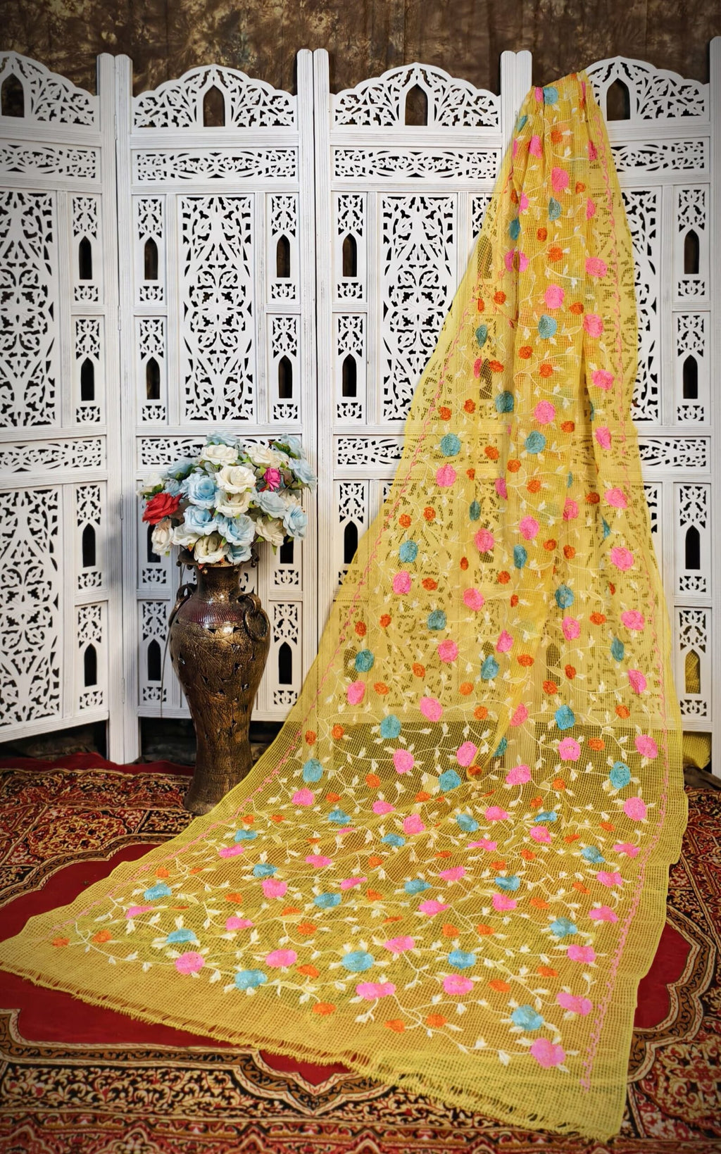 Sunshine Yellow Resham Kota Silk Saree with Hand Embroidered Multicolor Floral Design – No Blouse Piece