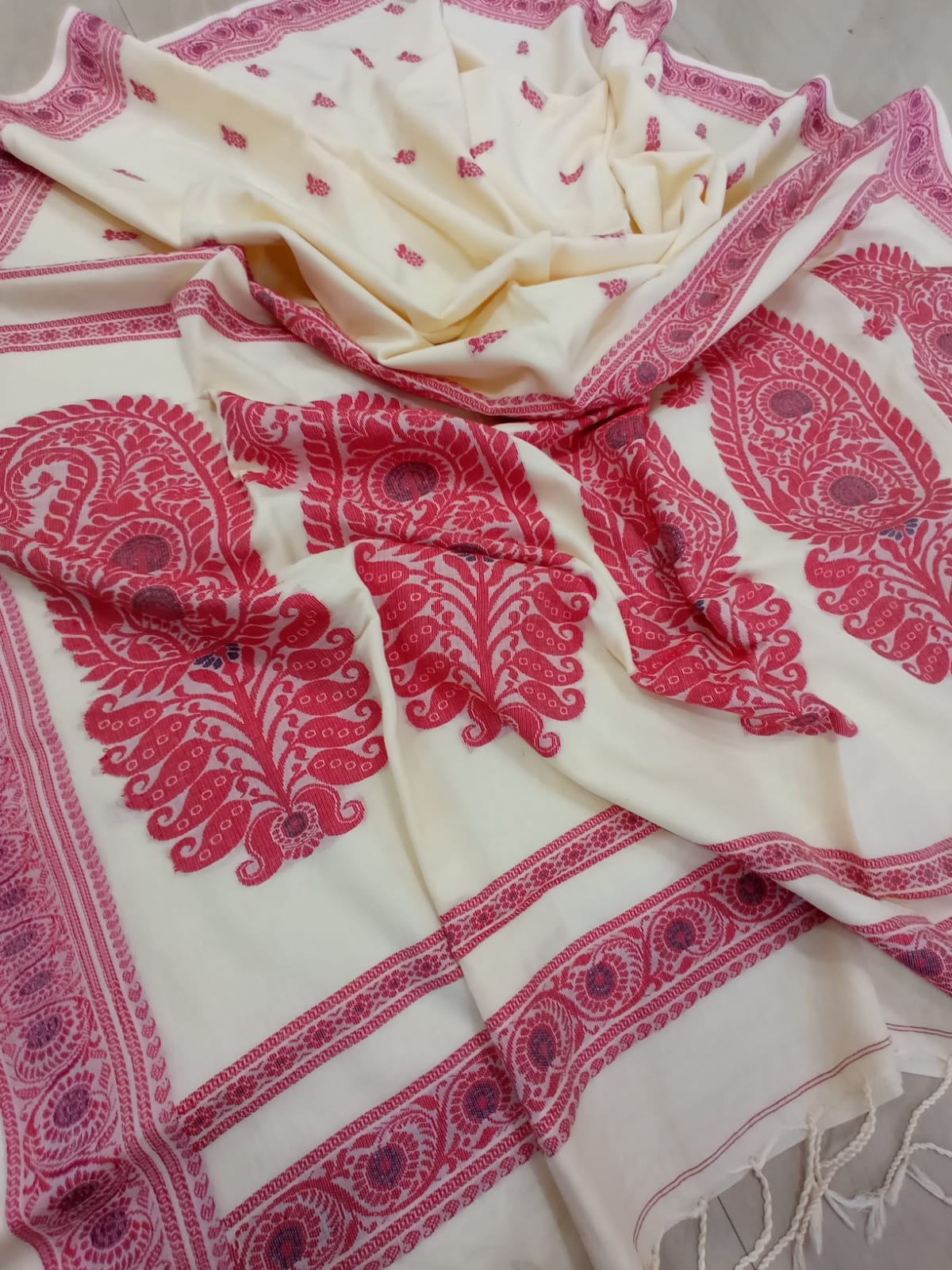 Heritage Cream & Maroon Handwoven Baluchari Saree in Premium Cotton Maslight with Blouse Piece