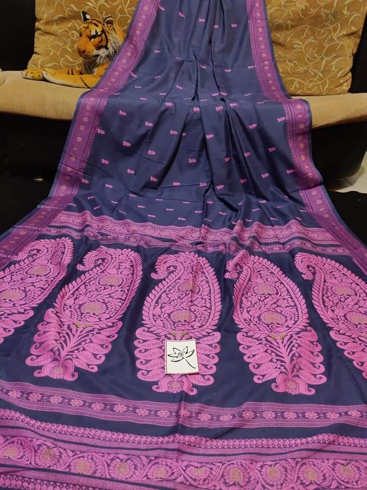 Majestic Navy Blue & Purple Handwoven Baluchari Saree in Premium Cotton Maslight with Blouse Piece