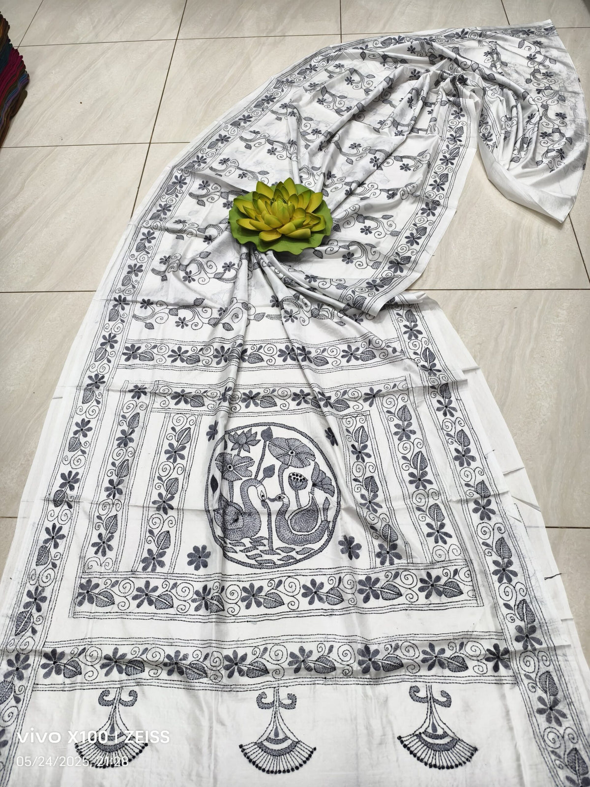 White Assam Silk Saree with Black Kantha Hand Embroidery