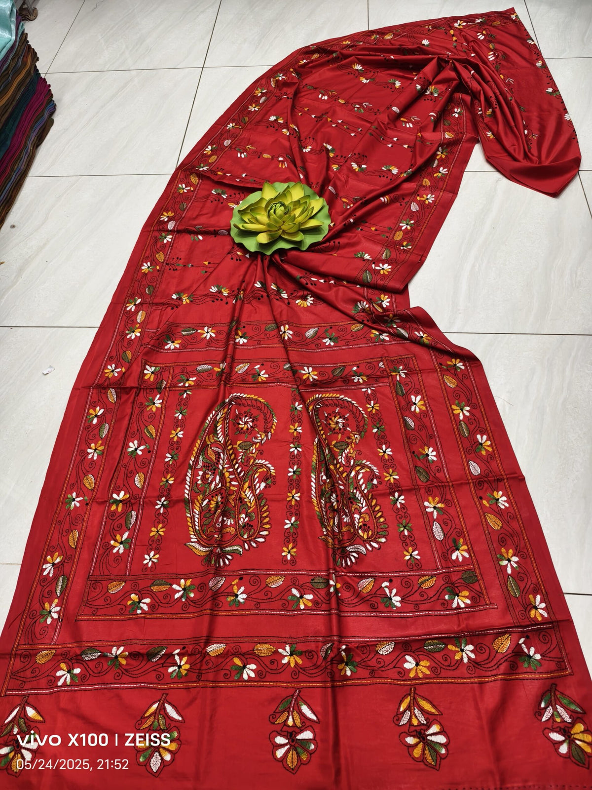 Vibrant Red Assam Silk Saree with Multicolored Handcrafted Kantha Embroidery