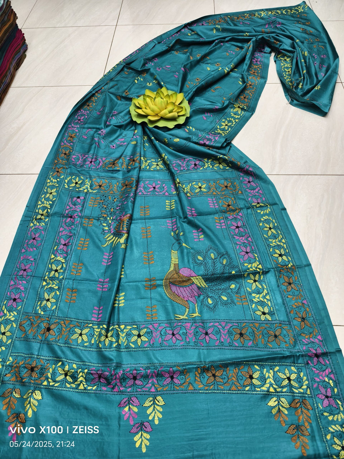 Teal Symphony: Assam Silk Saree with Vibrant Multicolor Kantha Hand Embroidery
