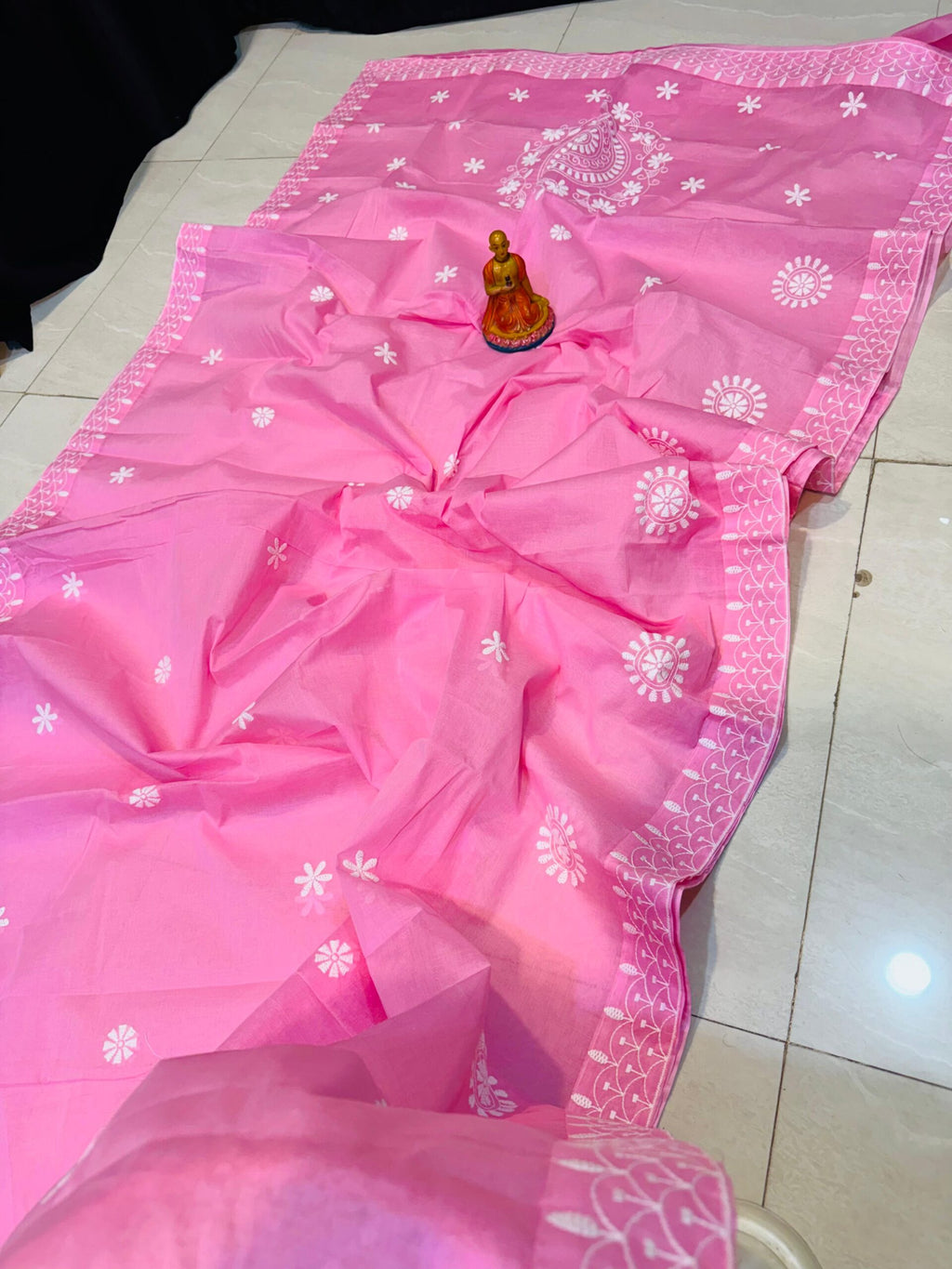 Lavender Pink Handcrafted Lucknowi Katha Saree in Pure Polished Cotton – No Blouse Piece