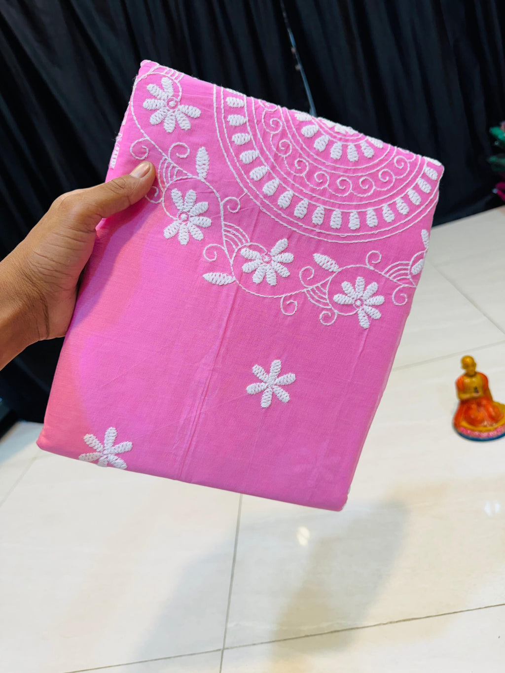 Lavender Pink Handcrafted Lucknowi Katha Saree in Pure Polished Cotton – No Blouse Piece