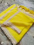 Sunlit Charm Handcrafted Pure 120 Count Yellow Mul Cotton Saree with White Lace Border & Blouse Piece