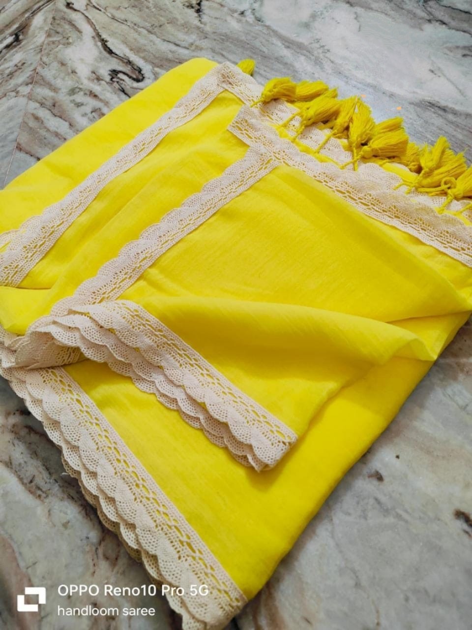 Sunlit Charm Handcrafted Pure 120 Count Yellow Mul Cotton Saree with White Lace Border & Blouse Piece