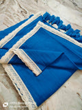 Royal Blue Handcrafted Pure 120 Count Mul Cotton Saree with White Lace Border & Blouse Piece