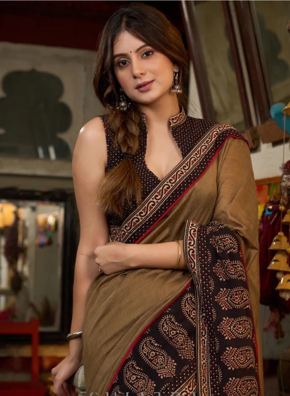 Timeless Brown Handcrafted Ajrakh Saree with Traditional Block Prints