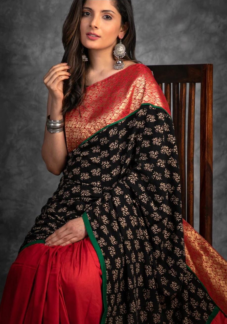 Vibrant Multicolor Handcrafted Ajrakh Saree in Red, Black & Gold Accents