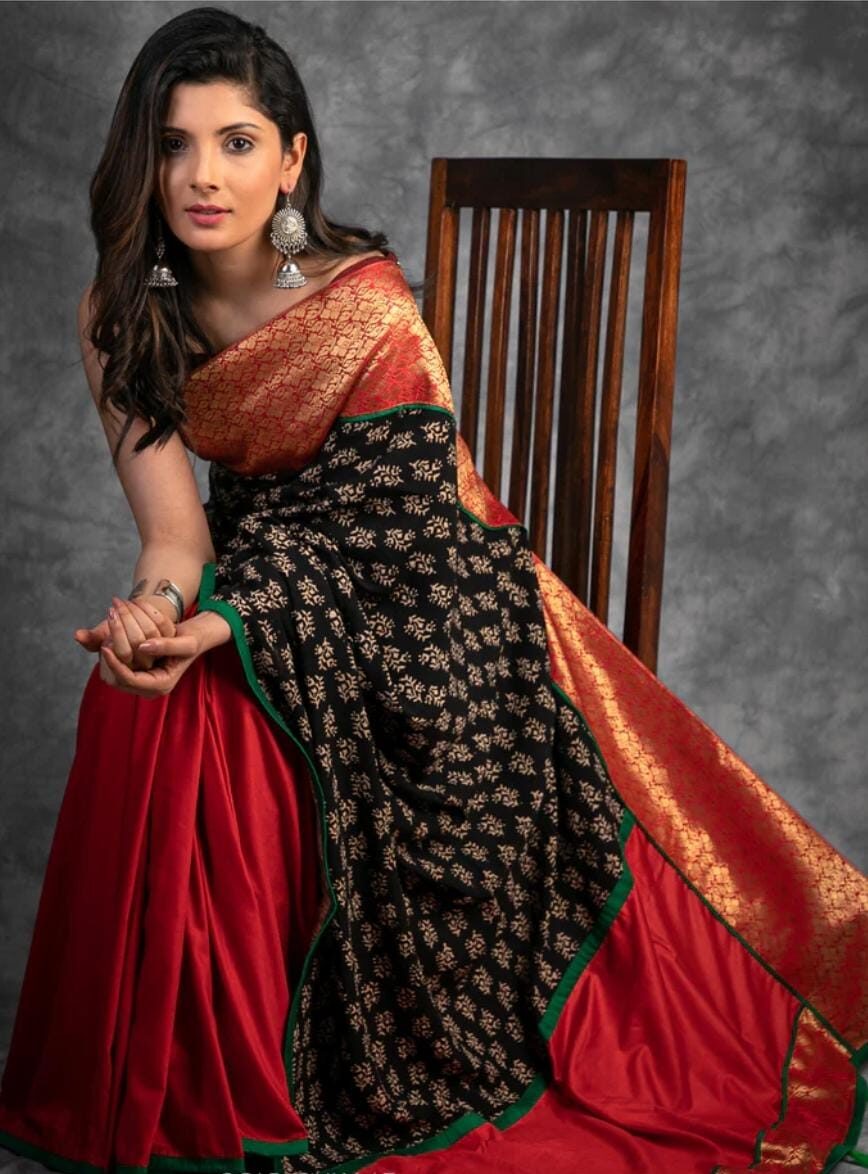 Vibrant Multicolor Handcrafted Ajrakh Saree in Red, Black & Gold Accents