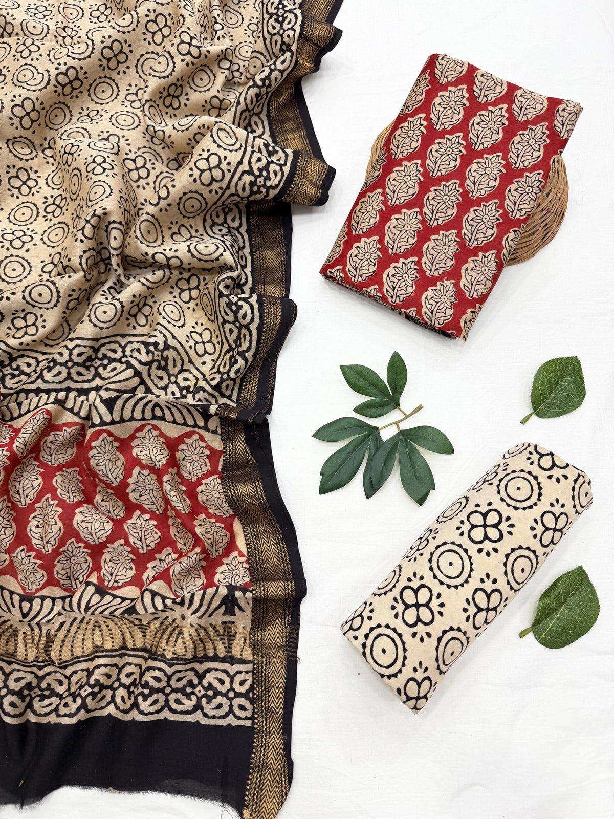 Bagru Buti Print Maheshwari Silk Salwar Suit Set .
