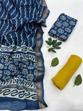 Dabu Print Indigo Maheshwari Silk Suit Set .