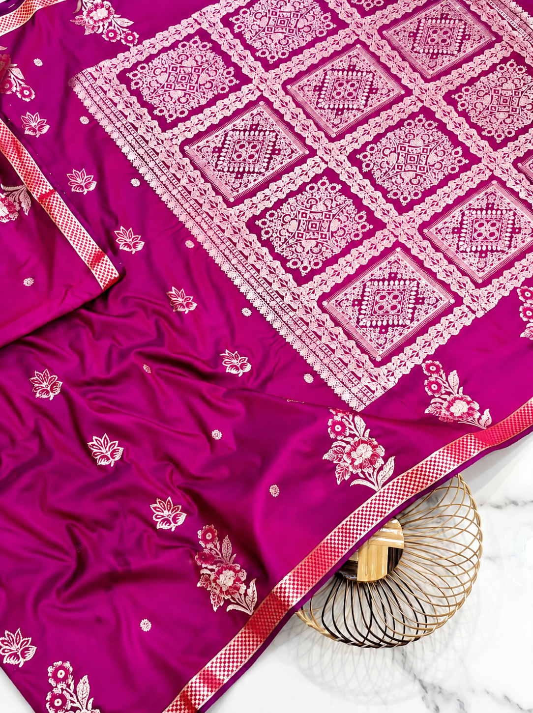Premium Magenta Satin Saree | Handcrafted Paithani-Inspired Floral & Geometric Work | Rich Contrast Pallu & Border