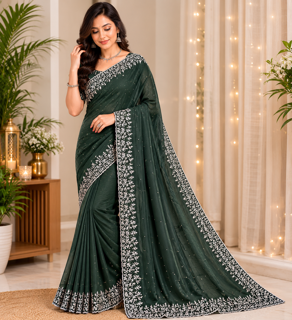 Midnight Olive Green Vichitra Silk Party Wear Saree with Silver Floral Embroidered Border & Blouse Piece