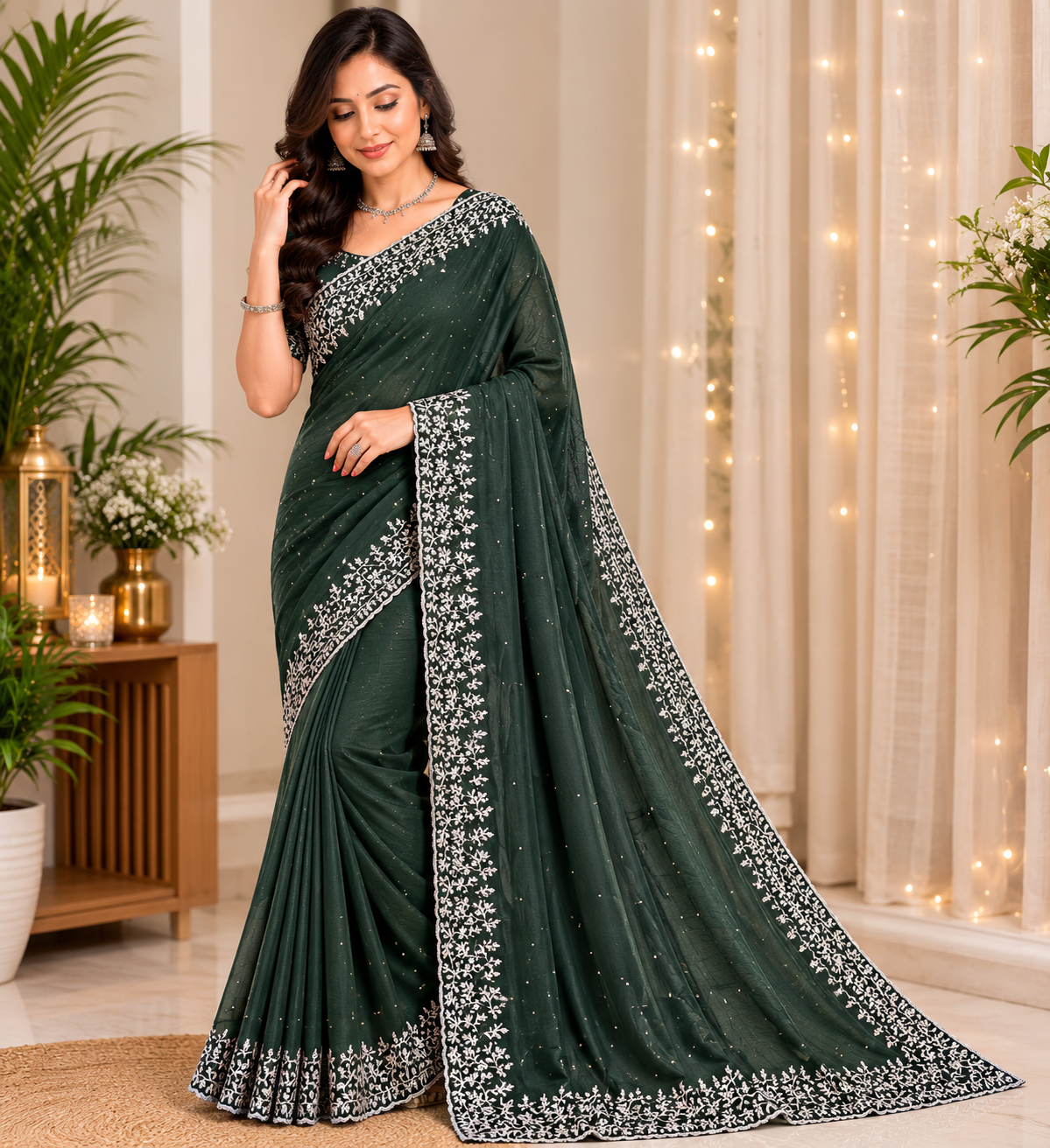 Midnight Olive Green Vichitra Silk Party Wear Saree with Silver Floral Embroidered Border & Blouse Piece