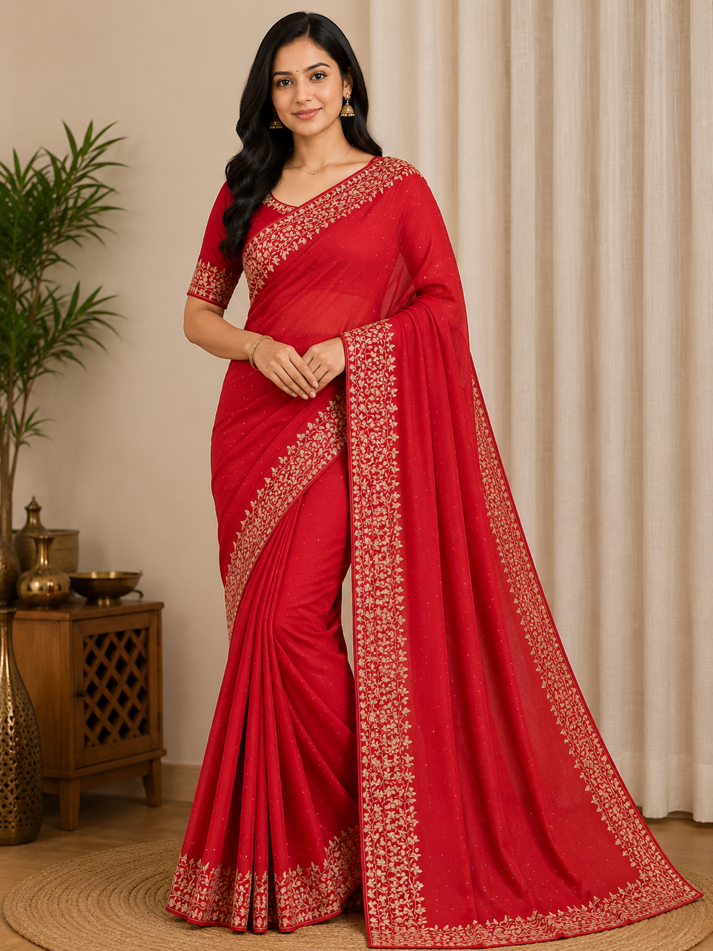 Ruby Red Vichitra Silk Party Wear Saree with Gold Floral Embroidered Border & Blouse Piece