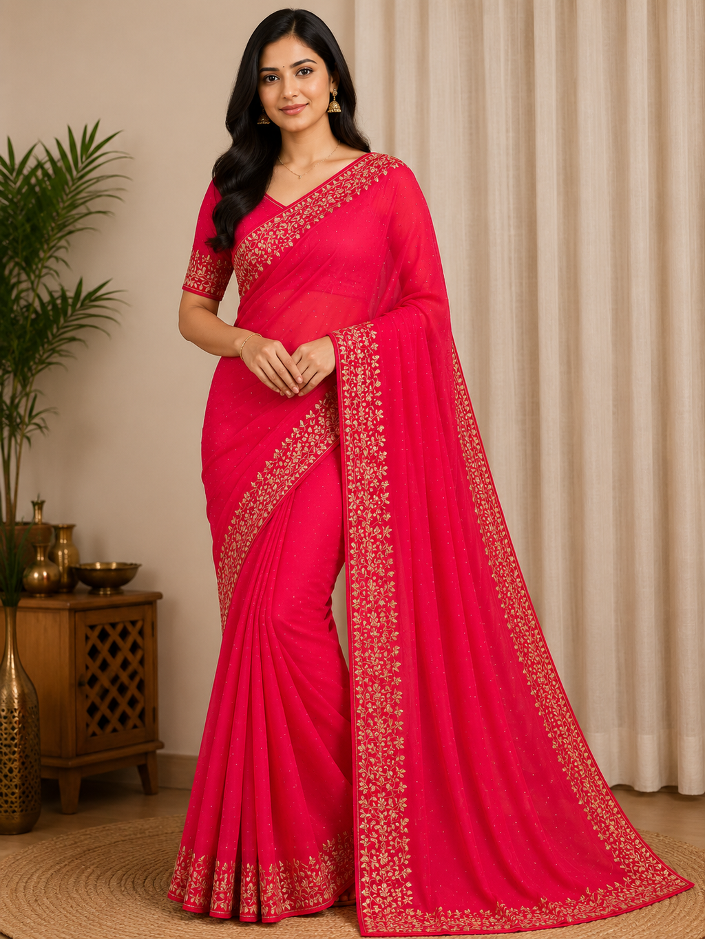 Radiant Hot Pink Vichitra Silk Party Wear Saree with Golden Floral Embroidered Border & Blouse Piece