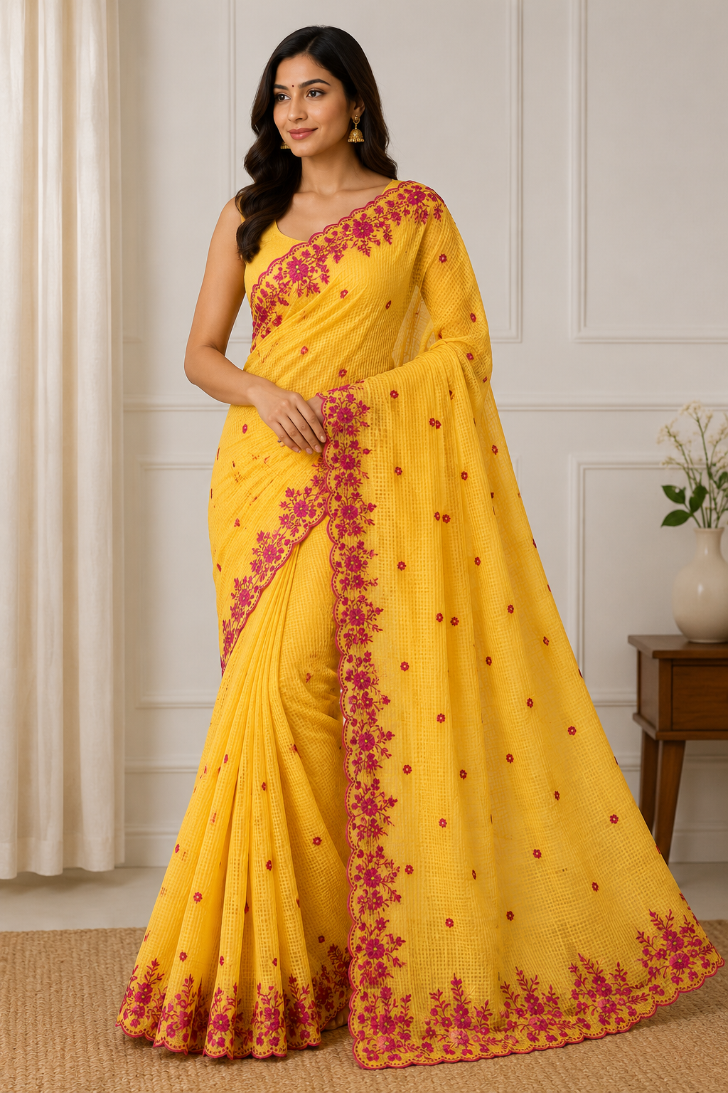 Radiant Yellow Kota Doria Saree with Pink Floral Cutwork Hand Embroidery | Designer Festive Wear Saree for Women