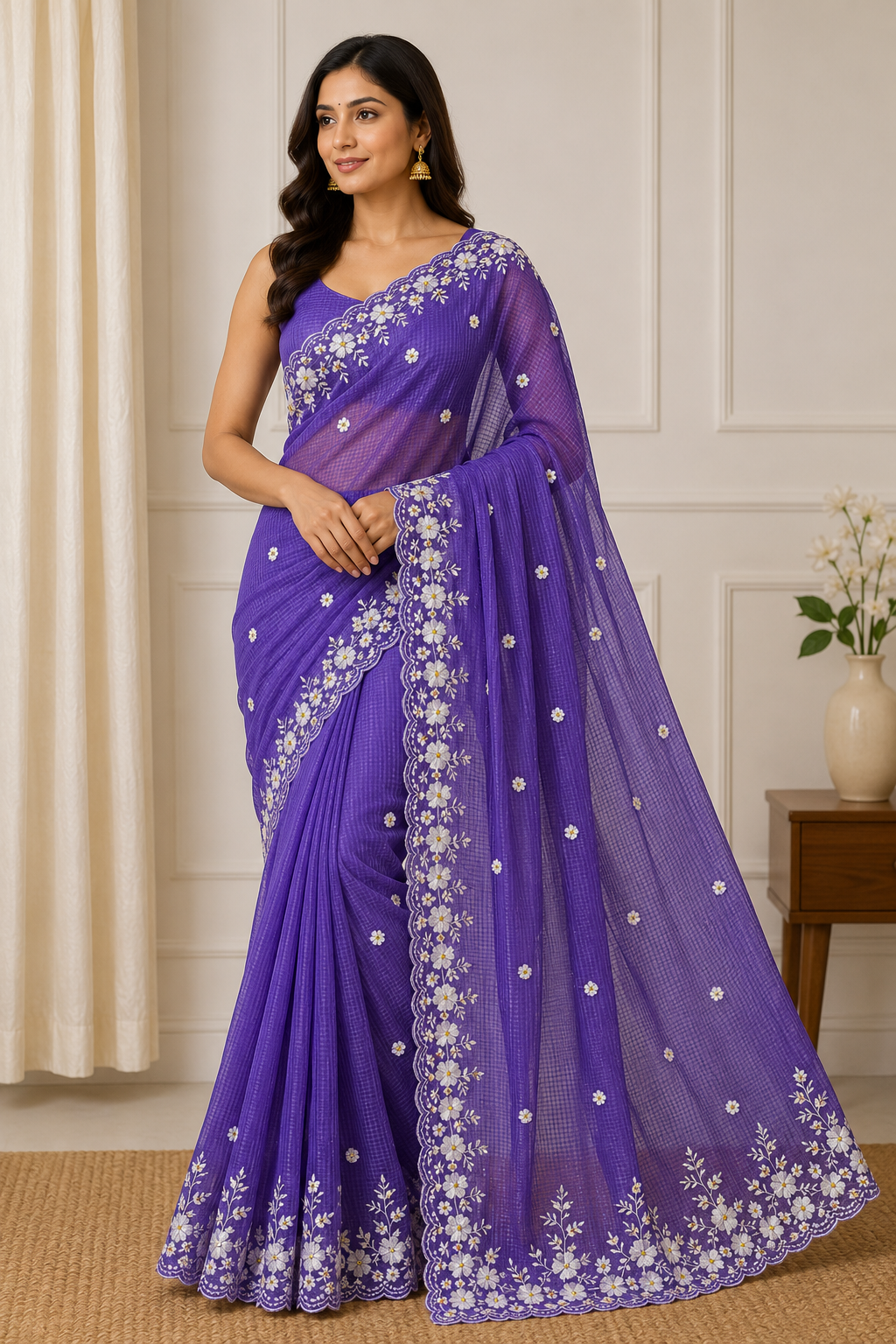 Royal Purple Kota Doria Saree with White Floral Cutwork Hand Embroidery | Designer Festive Wear Saree for Women