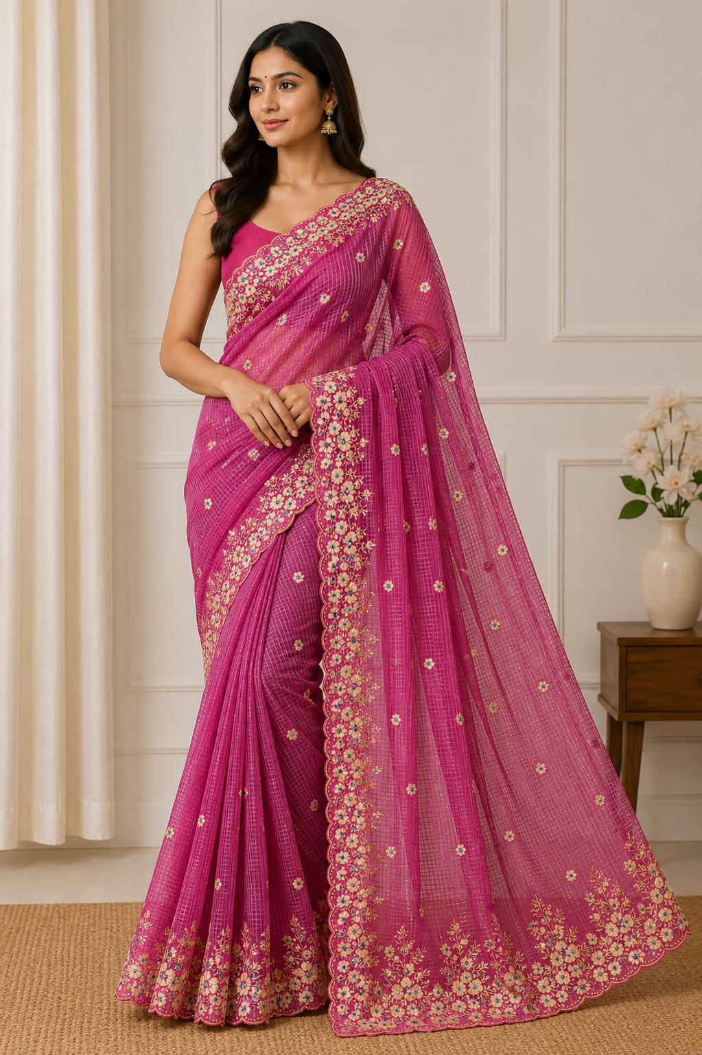 Royal Rani Pink Kota Doria Saree with Golden Floral Cutwork Hand Embroidery | Designer Festive Wear Saree for Women