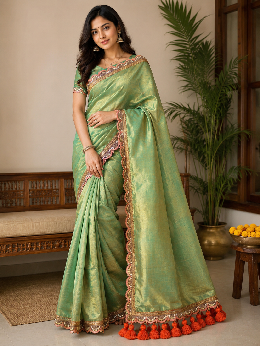 Pure Raga Tissue Silk Handcrafted Saree in Emerald Green with Designer Scalloped Border & Coral Tassels | Premium Festive & Party Wear | Free Size | No Blouse Piece