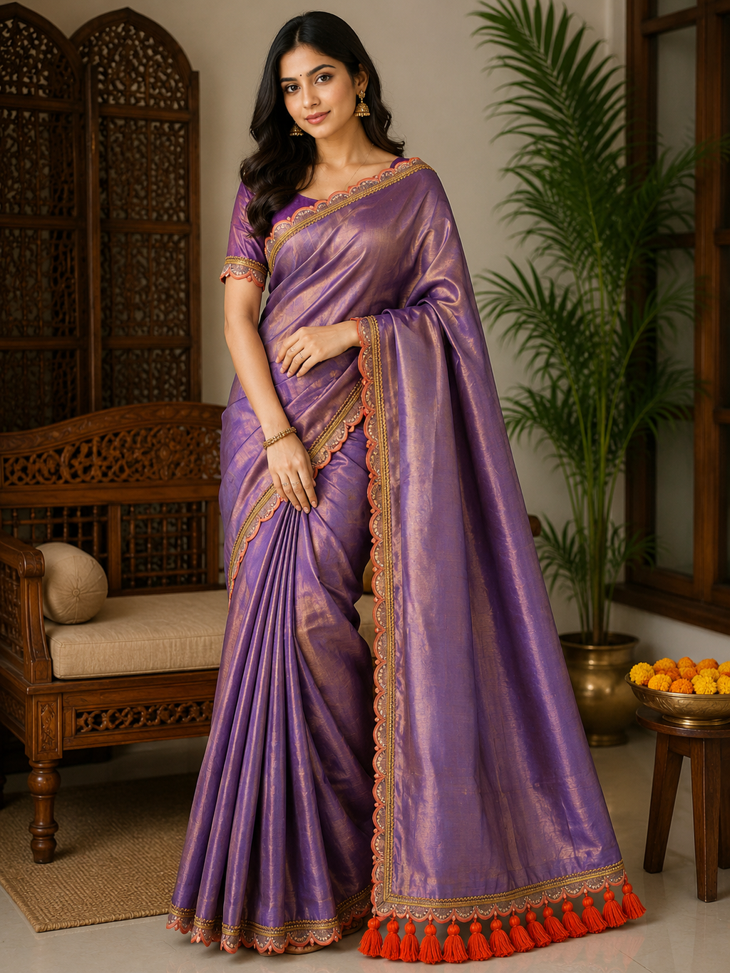 Pure Raga Tissue Silk Handcrafted Saree in Royal Plum Purple with Designer Scalloped Border & Coral Tassels | Premium Festive & Wedding Wear | Free Size | No Blouse Piece