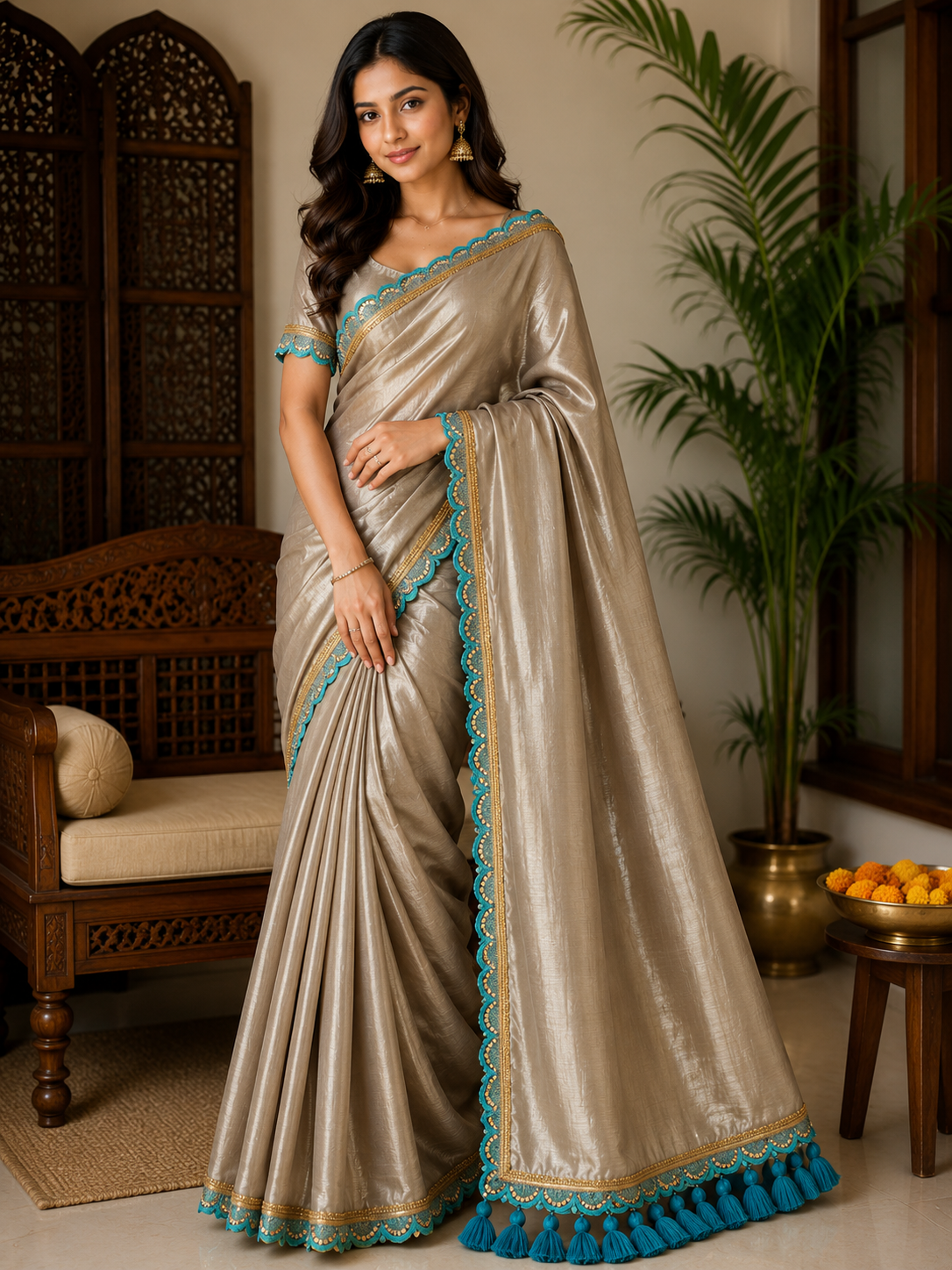Pure Raga Tissue Silk Handcrafted Saree in Champagne Gold with Aqua Blue Designer Border & Tassel Pallu | Premium Festive, Wedding & Party Wear | Free Size | No Blouse Piece