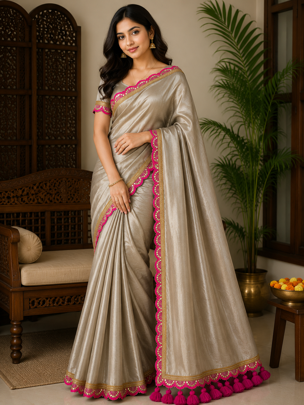 Pure Raga Tissue Silk Handcrafted Saree in Taupe Gold with Fuchsia Pink Designer Border & Tassel Pallu | Premium Festive, Wedding & Party Wear | Free Size | No Blouse Piece