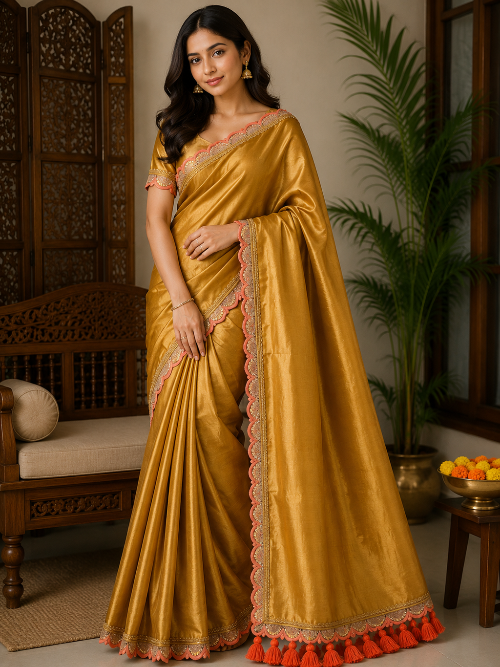 Pure Raga Tissue Silk Handcrafted Saree in Antique Mustard Gold with Designer Scalloped Border & Coral Tassel Pallu | Premium Festive, Wedding & Party Wear | Free Size | No Blouse Piece
