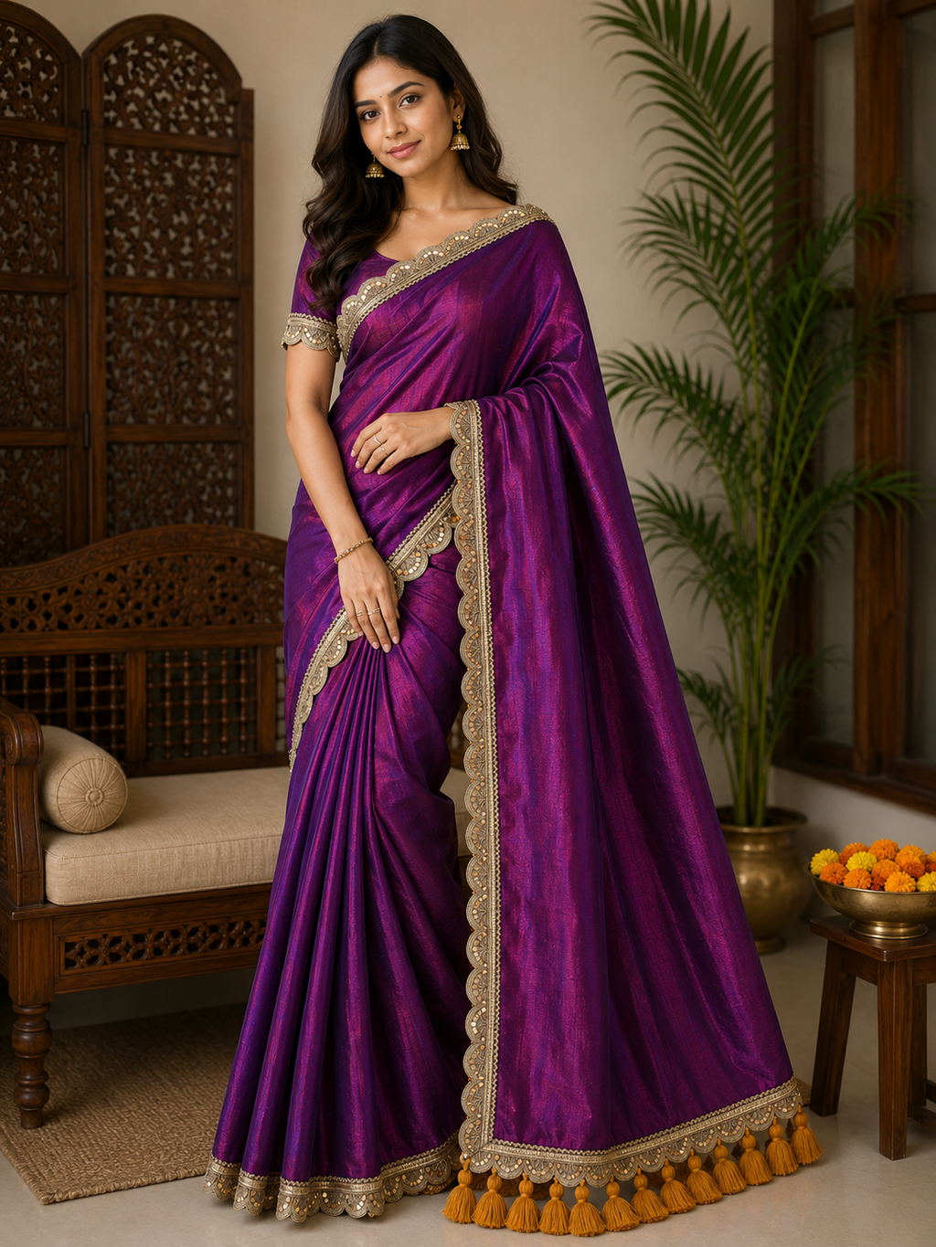 Pure Raga Tissue Silk Handcrafted Saree in Royal Violet Purple with Antique Gold Designer Border & Mustard Tassel Pallu | Premium Festive, Wedding & Party Wear | Free Size | No Blouse Piece