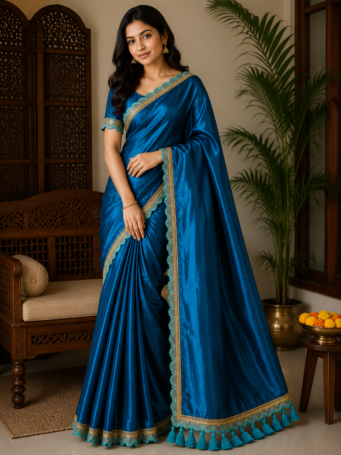 Pure Raga Tissue Silk Handcrafted Saree in Royal Peacock Blue with Aqua Designer Scalloped Border & Tassel Pallu | Premium Festive, Wedding & Party Wear | Free Size | No Blouse Piece