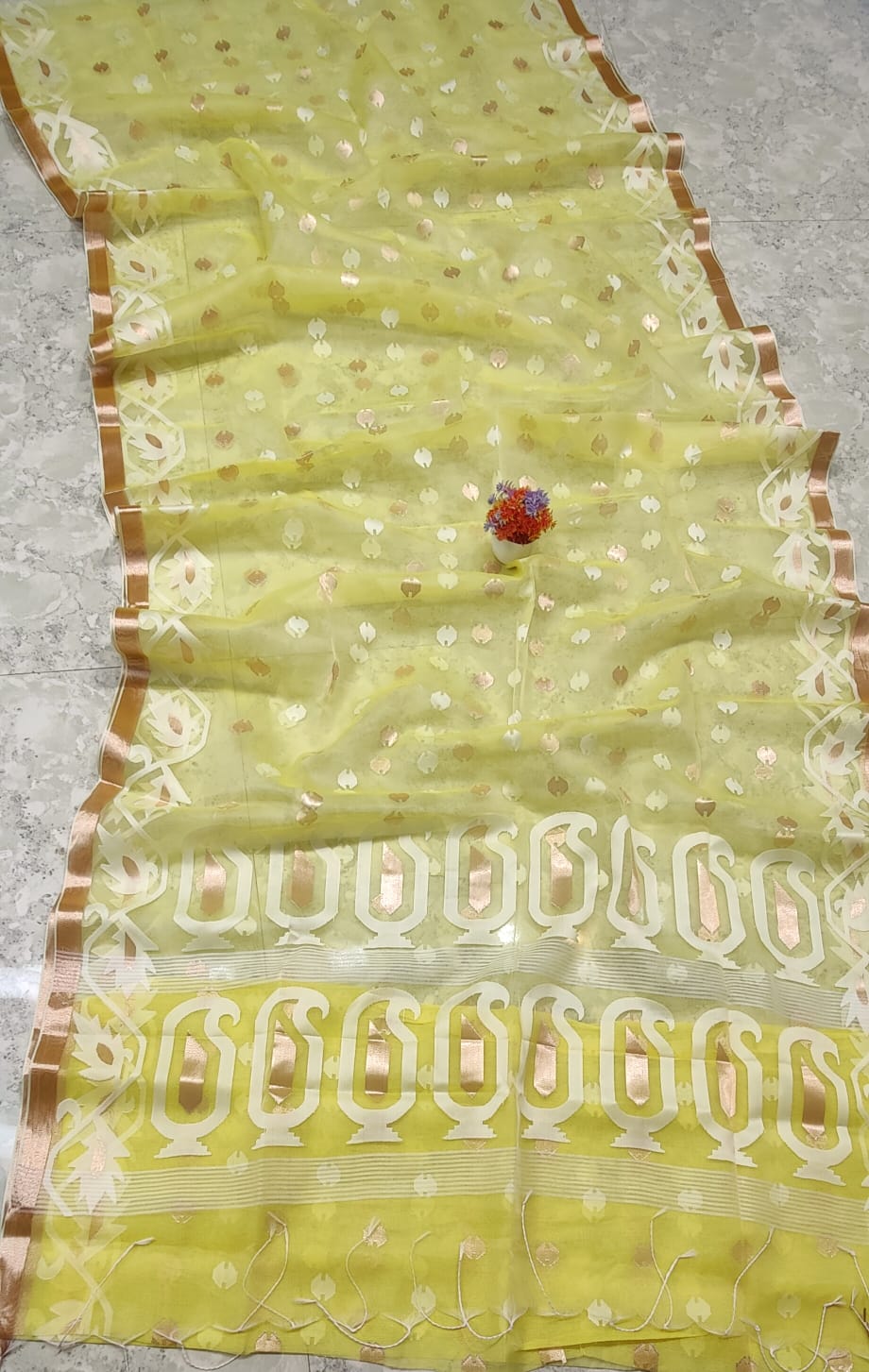 Radiant Lemon Yellow Handcrafted Muslin Silk Jamdani Saree with Zari Butti and Border