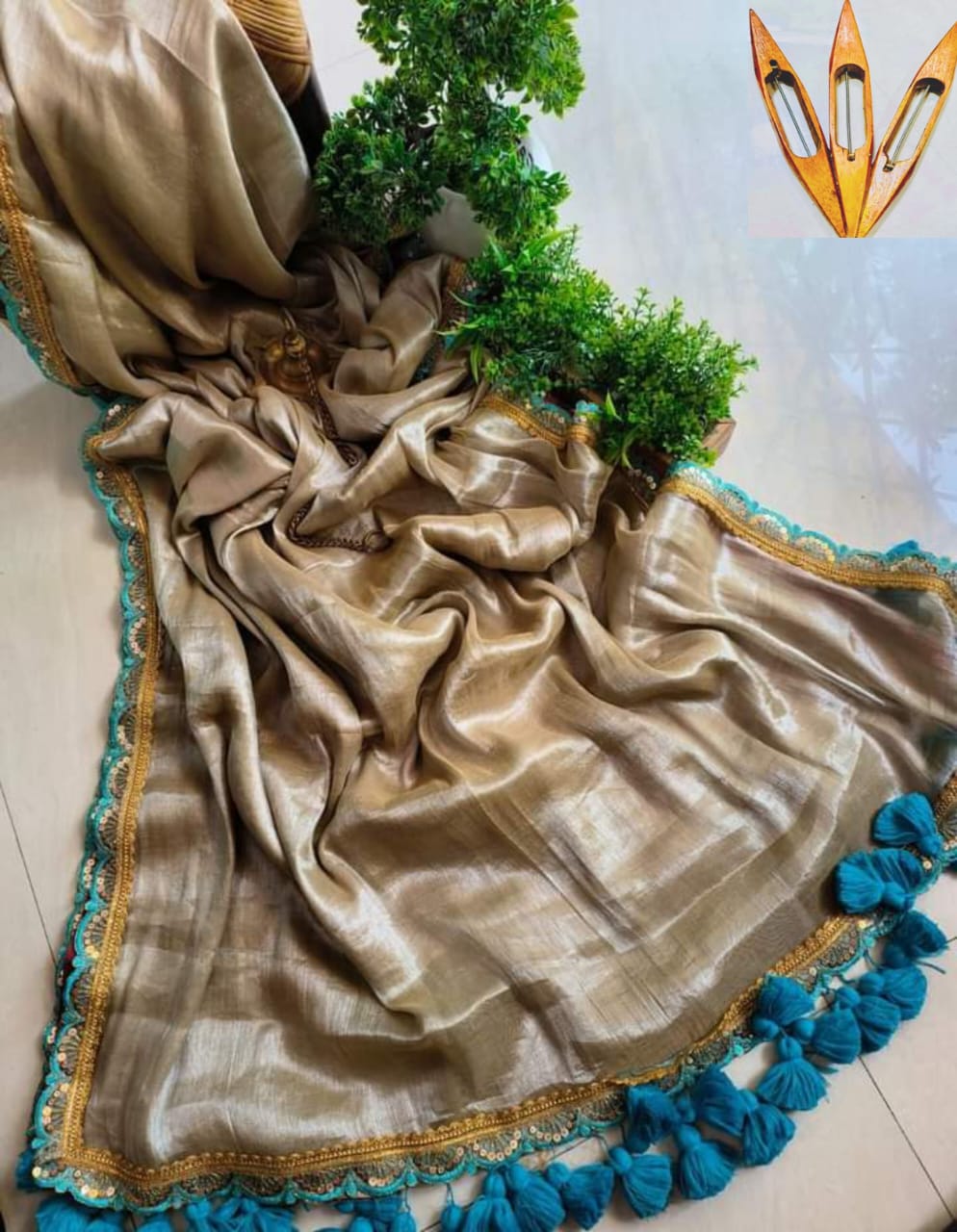 Pure Raga Tissue Silk Handcrafted Saree in Champagne Gold with Aqua Blue Designer Border & Tassel Pallu | Premium Festive, Wedding & Party Wear | Free Size | No Blouse Piece