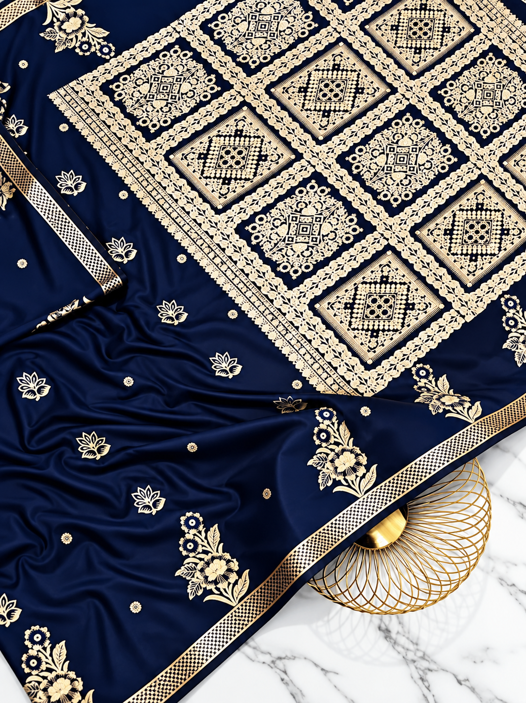 Premium Navy Blue Silky Satin Saree with Handcrafted Floral Paithani Work & Rich Ivory Pallu