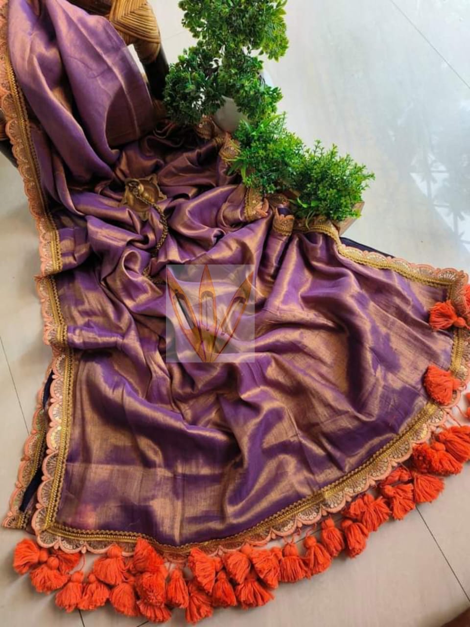 Pure Raga Tissue Silk Handcrafted Saree in Royal Plum Purple with Designer Scalloped Border & Coral Tassels | Premium Festive & Wedding Wear | Free Size | No Blouse Piece