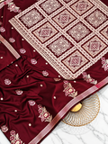 Premium Dual-Tone Silky Satin Saree | Maroon & Ivory Floral Paithani Handwork | Designer Pallu & Border