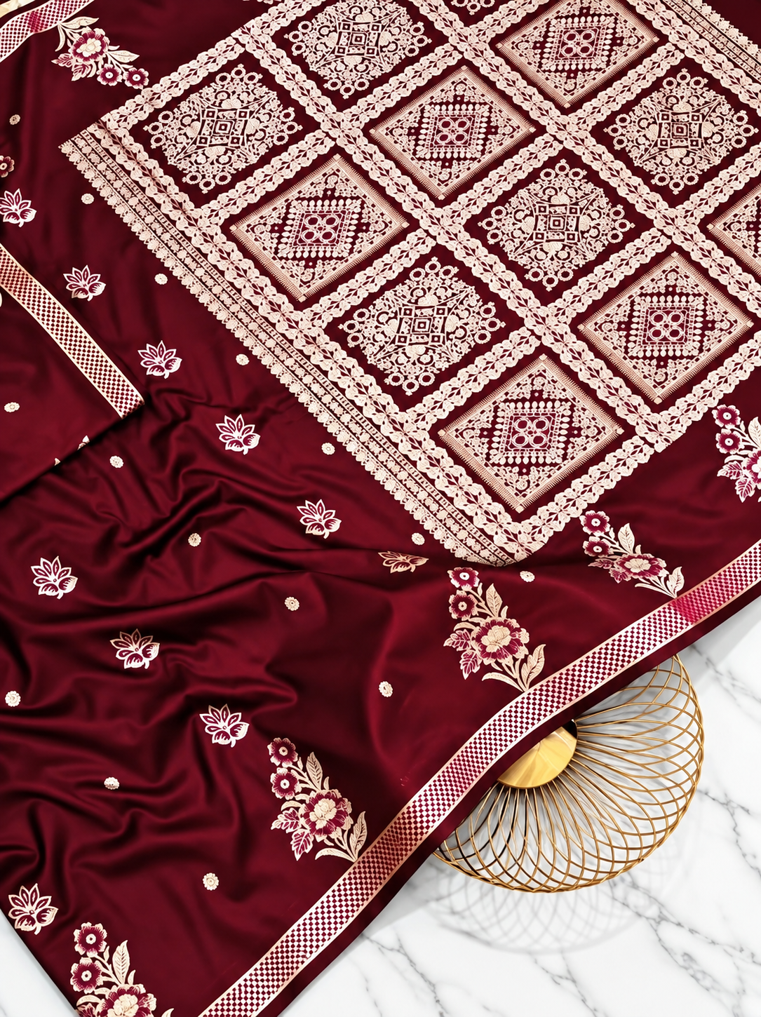 Premium Dual-Tone Silky Satin Saree | Maroon & Ivory Floral Paithani Handwork | Designer Pallu & Border