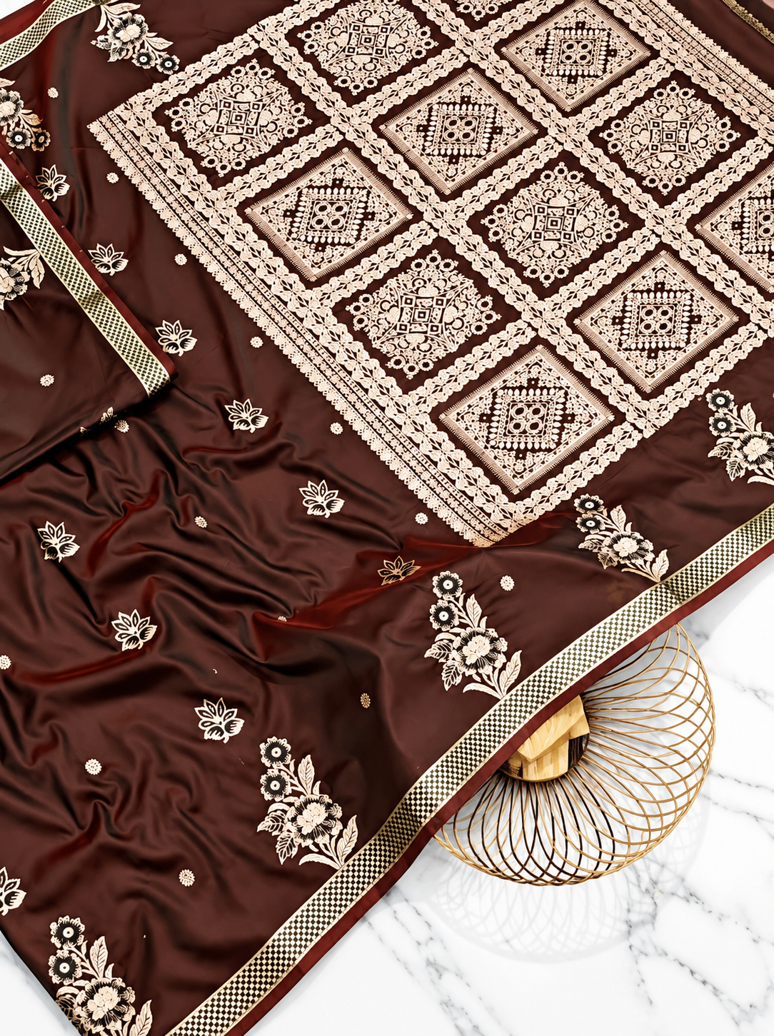 Premium Chocolate Brown Satin Saree | Handcrafted Paithani-Inspired Floral Work | Elegant Ivory Pallu & Border
