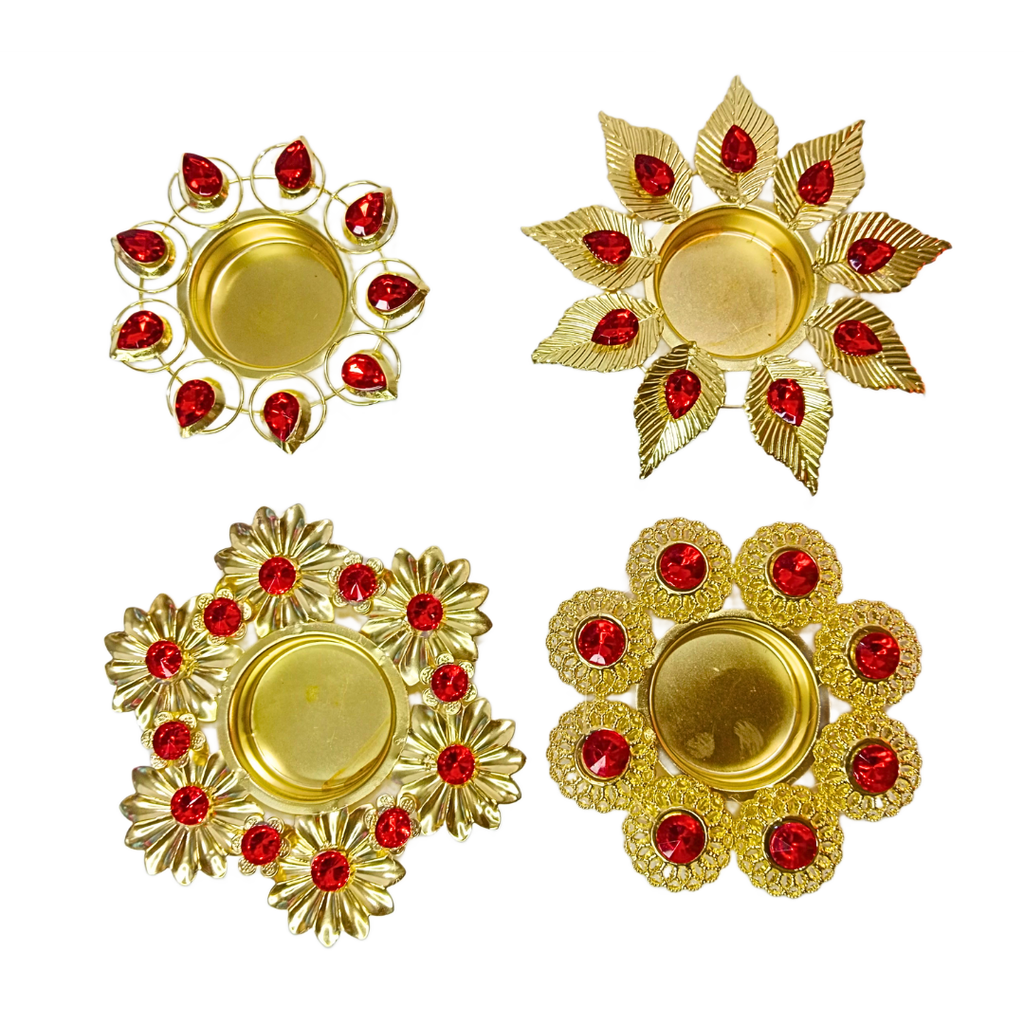 Golden Floral Kundan Style Tealight Candle Holder, Metal Alloy Diya for Decor (Golden & Red - 20321