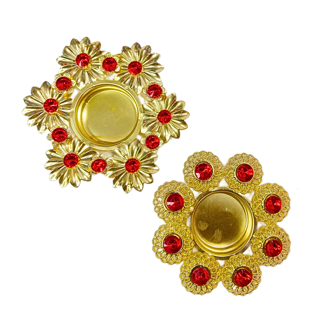 Golden Floral Kundan Style Tealight Candle Holder, Metal Alloy Diya for Decor (Golden & Red - 20321