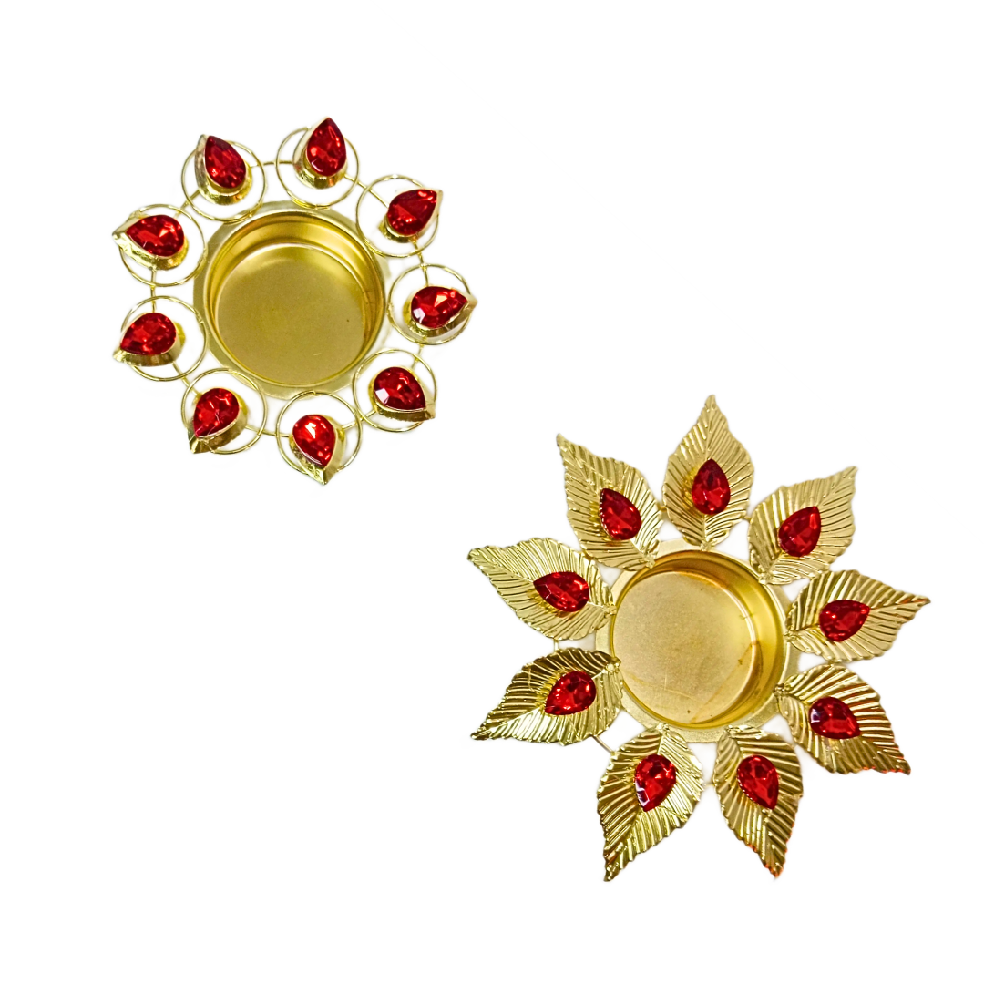 Golden Floral Kundan Style Tealight Candle Holder, Metal Alloy Diya for Decor (Golden & Red - 20321