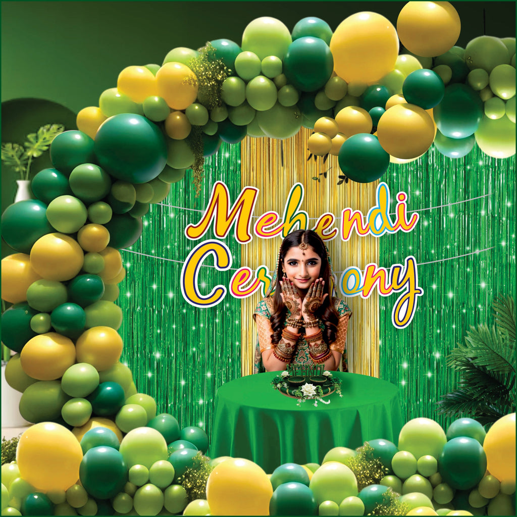 Mehndi Decoration Combo Pack – 45 Pcs | Green & Yellow Balloons, Gliter Banner, Fringe Curtains, Balloon Arch Kit | Wedding, Haldi, Mehndi Ceremony Party Decoration Set - 20666