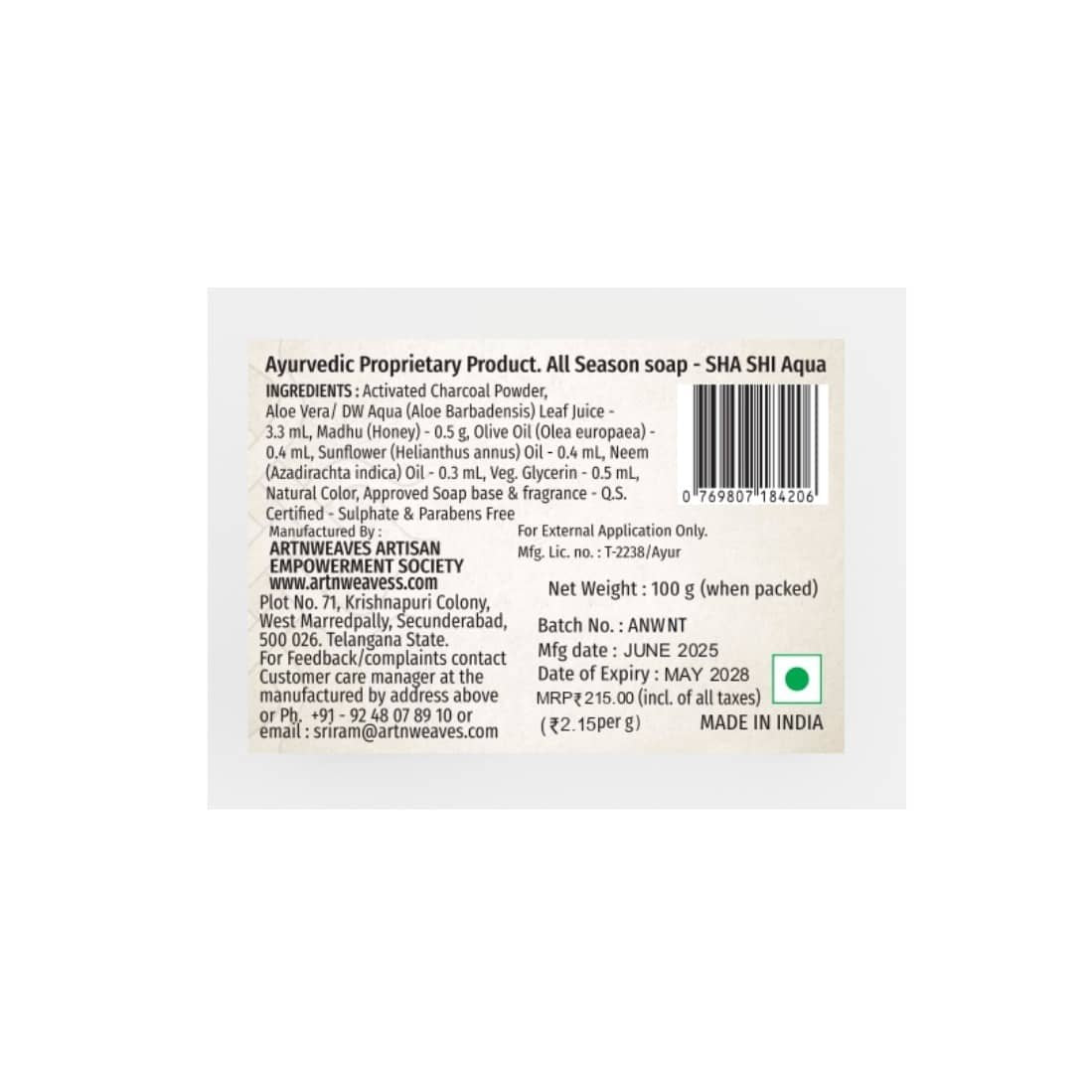 SHA SHI Activated Coconut Charcoal AQUA Handmade Soap NT - Pack of 2