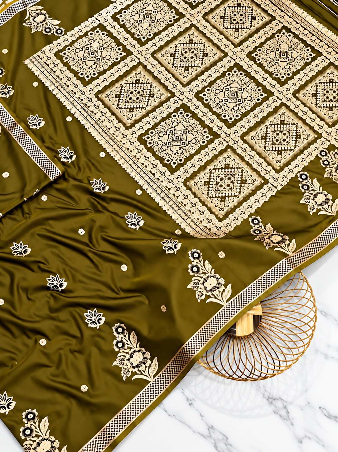 Premium Olive Green Satin Saree | Handcrafted Paithani-Inspired Floral Work | Intricate Ivory Pallu & Border