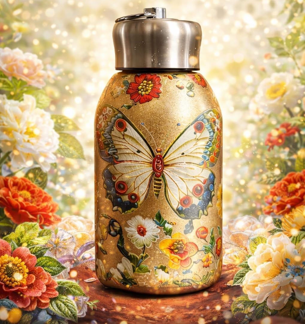 Stainless Steel Stylish Small Water Bottle 300ML, Portable Mini Insulated Thermos Cup, Butterfly Pattern
