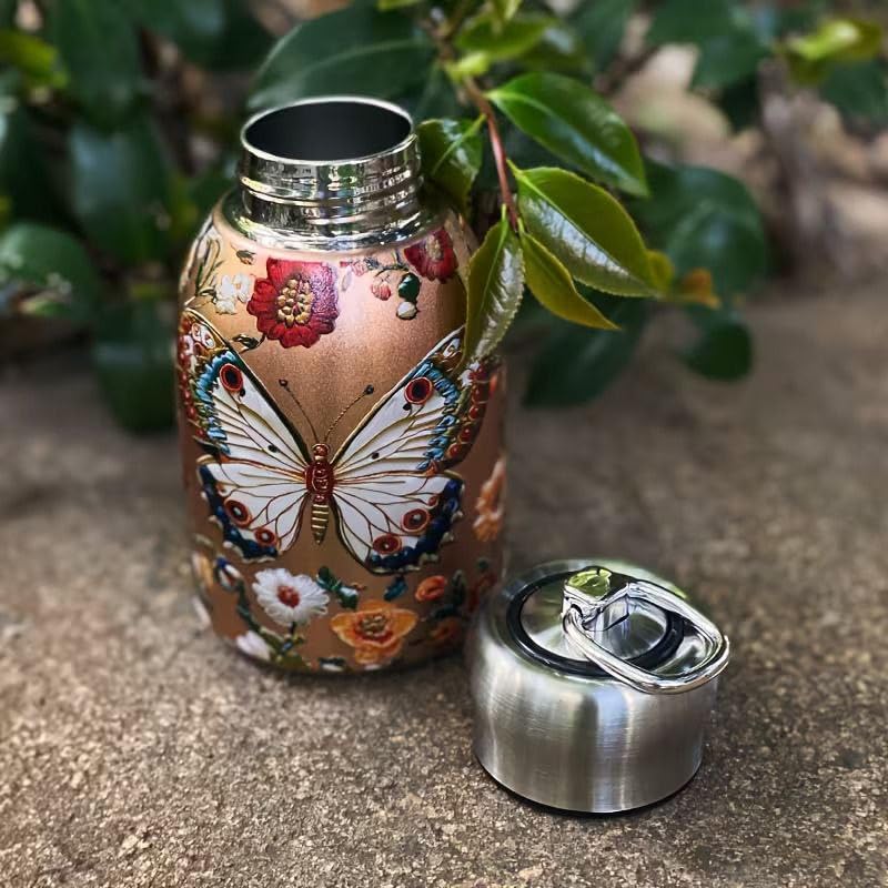 Stainless Steel Stylish Small Water Bottle 300ML, Portable Mini Insulated Thermos Cup, Butterfly Pattern