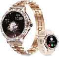 Golden Round Diamond Smartwatch for Women Ultra Luxury Rose Gold Bracelet Smart Watch Bluetooth Call, Wireless Charge, Fashionable Fitness Tracker-Golden Version